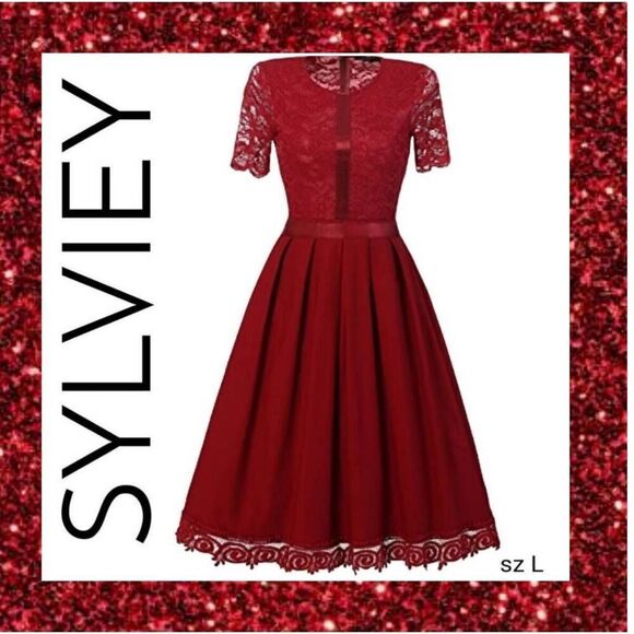 Red Lace Wedding Homecoming Casual Evening Cocktail Party Dress Designer - Picture 2 of 16